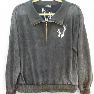 Pol Women's Grey Acid Wash Quarter-Zip Pullover Sweatshirt Cactus Graphic